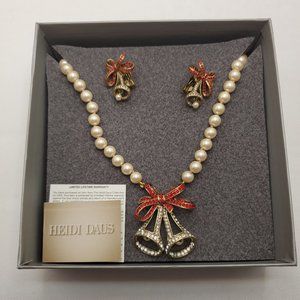 HEIDI Daus X-mas "Holiday Bells and Bow" Faux Pearl Necklace & Clipped Earrings